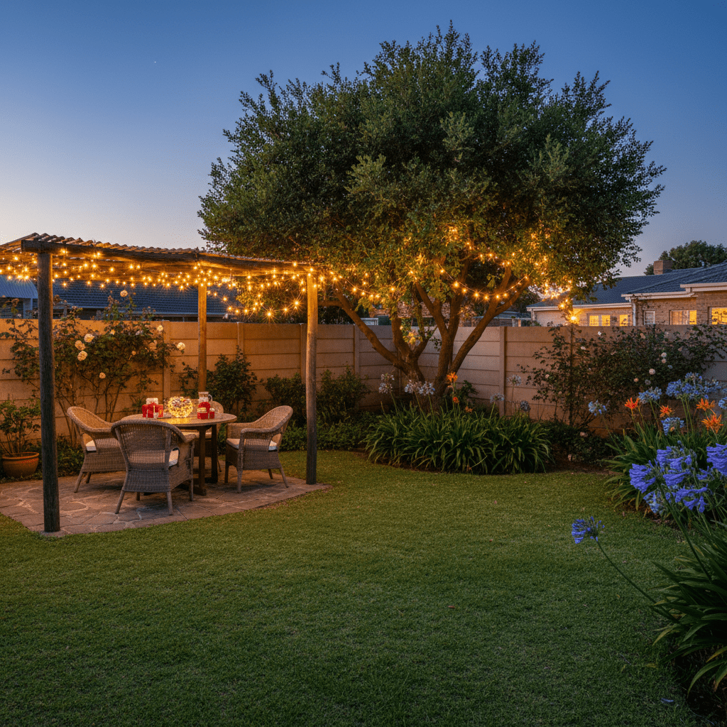 Cozy Backyard Patio with Pergola and String Lights Cozy Backyard Patio with Pergola and String Lights — Outdoor Christmas Lights
