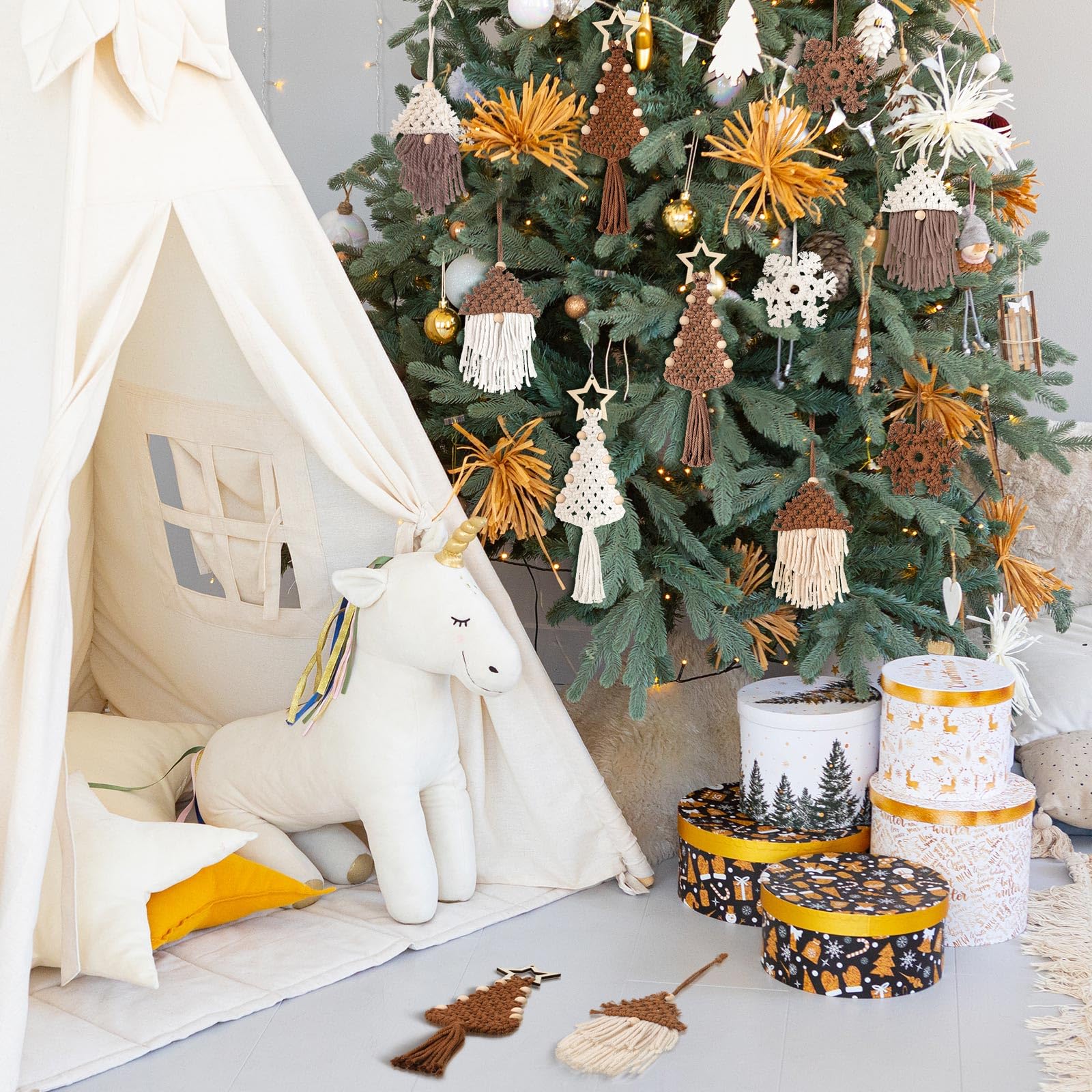 Boho Christmas Tree with Handmade Macrame and Tassel Ornaments — Boho Christmas Decor