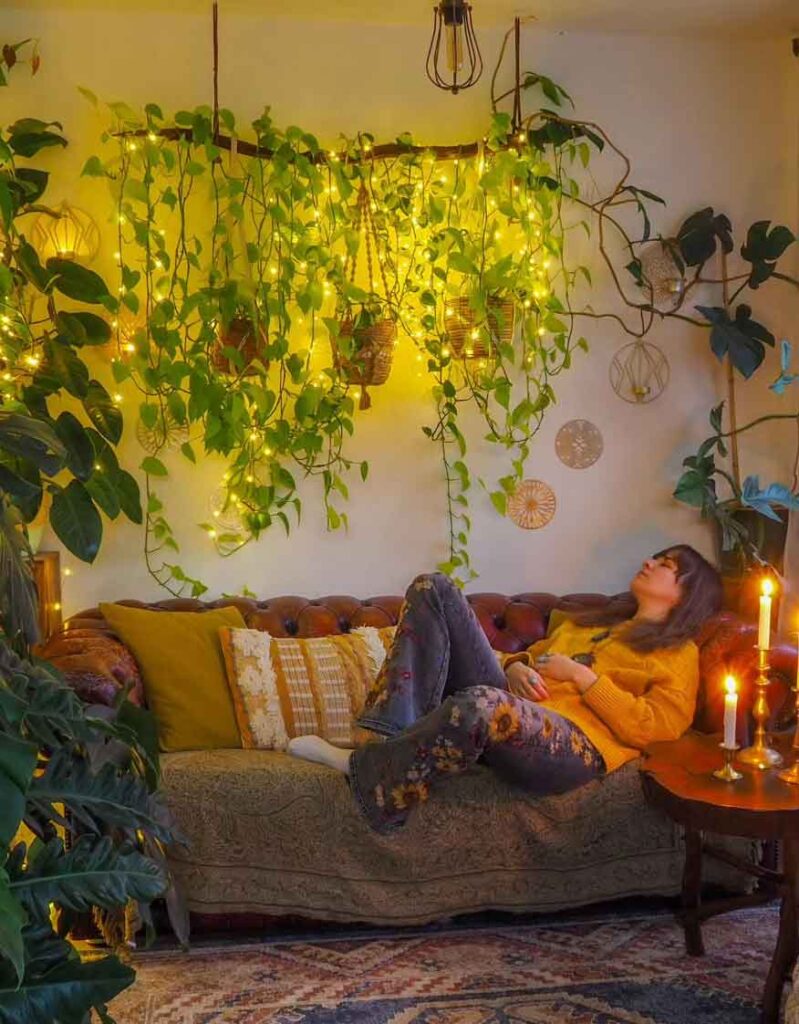 Boho Sofa Accents with Cascading Fairy Lights and Plants — Christmas Fairy Lights Living Room