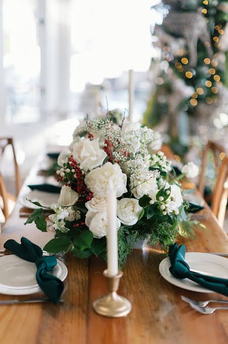 Elegant White Floral Centerpiece with Red and Green Accents Elegant White Floral Centerpiece with Red and Green Accents — Christmas Wedding Centerpiece