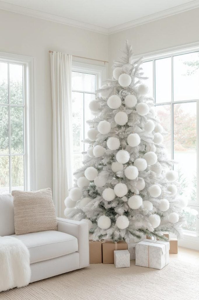 Coastal Living Room with Two Flocked White Christmas Trees and Cream Sofa Coastal Living Room with Two Flocked White Christmas Trees and Cream Sofa — White Christmas Decor