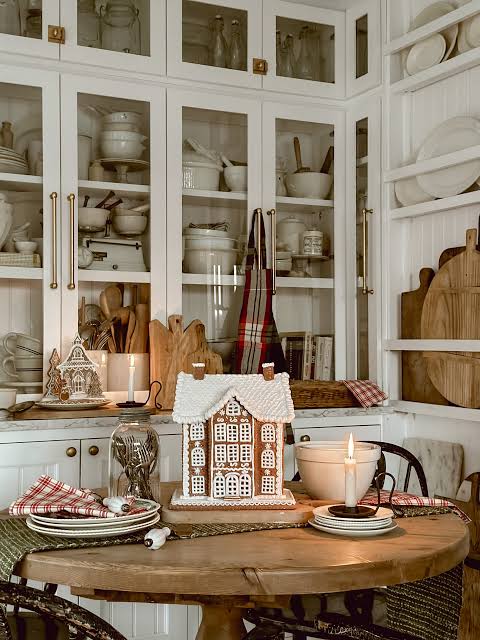 Farmhouse Kitchen with White Gingerbread House Centerpiece — Gingerbread Christmas Decor