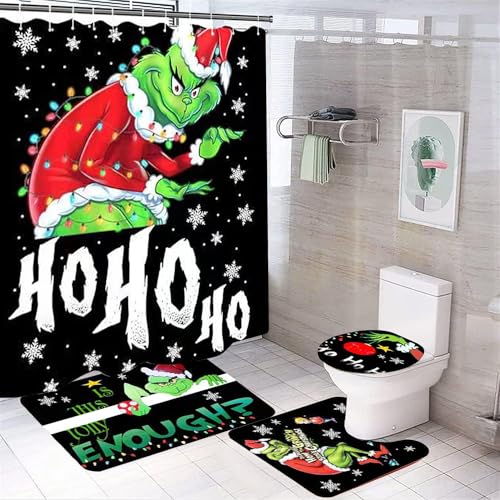 Grinch Themed Shower Curtain and Bath Mat Set — Christmas Bathroom Decor