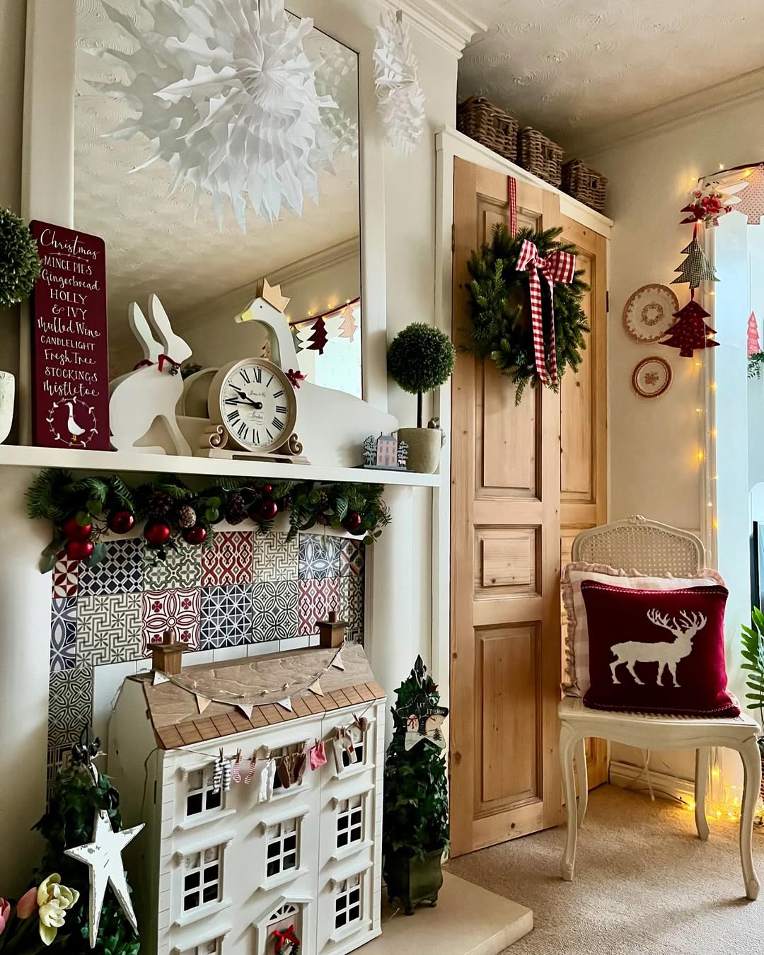 Farmhouse Mantel with Dollhouse and Festive Bunnies Farmhouse Mantel with Dollhouse and Festive Bunnies — Rustic Christmas Decor