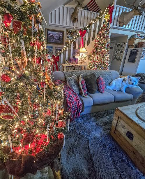 Corner Vignette With Sofa And Tree Rustic Living Room with Plaid Christmas Tree Accents Corner Vignette With Sofa And Tree Rustic Living Room with Plaid Christmas Tree Accents — Aesthetic Christmas Decor