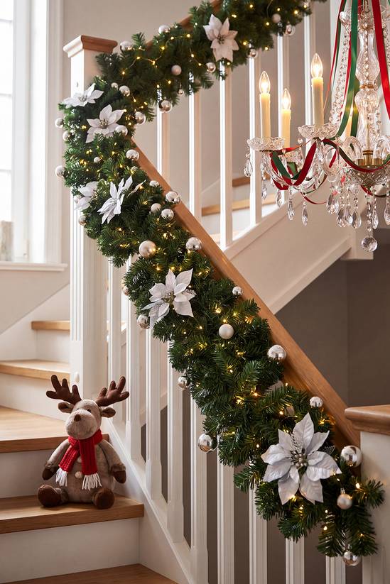Ornate Garland Wrapped Around Staircase Railing Ornate Garland Wrapped Around Staircase Railing — Christmas Lights in Garland Indoor