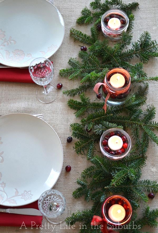 Natural Garland with Cranberry-Filled Candle Jars — Christmas Centerpiece