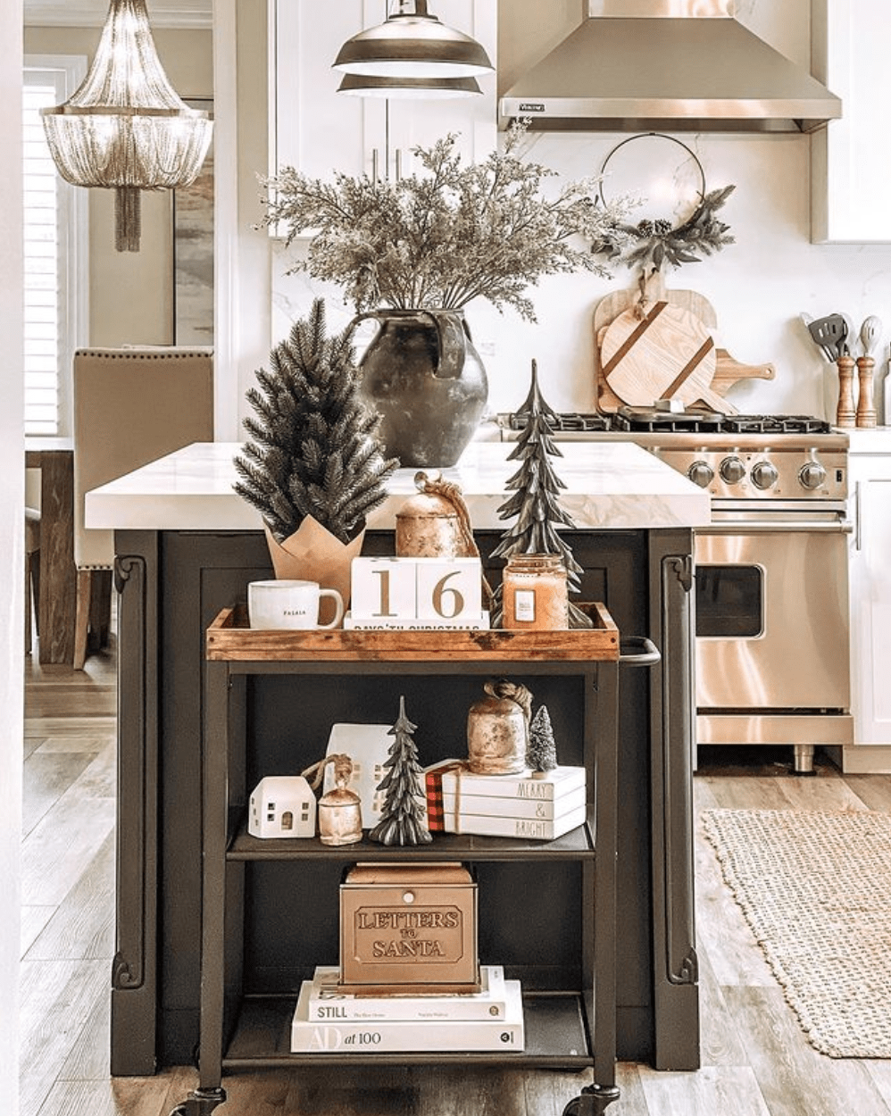 Black Rolling Cart Styled for Christmas in Farmhouse Kitchen — Farmhouse Christmas Kitchen