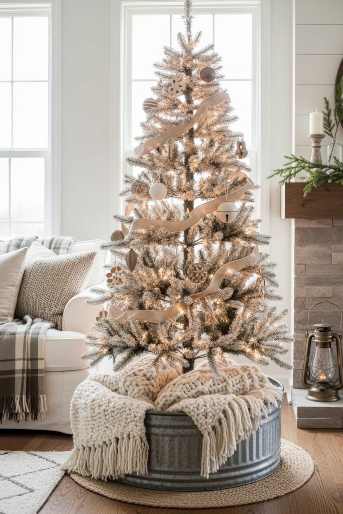 Flocked Christmas Tree in a Galvanized Tub with Knit Blankets Flocked Christmas Tree in a Galvanized Tub with Knit Blankets — Farmhouse Christmas Decor