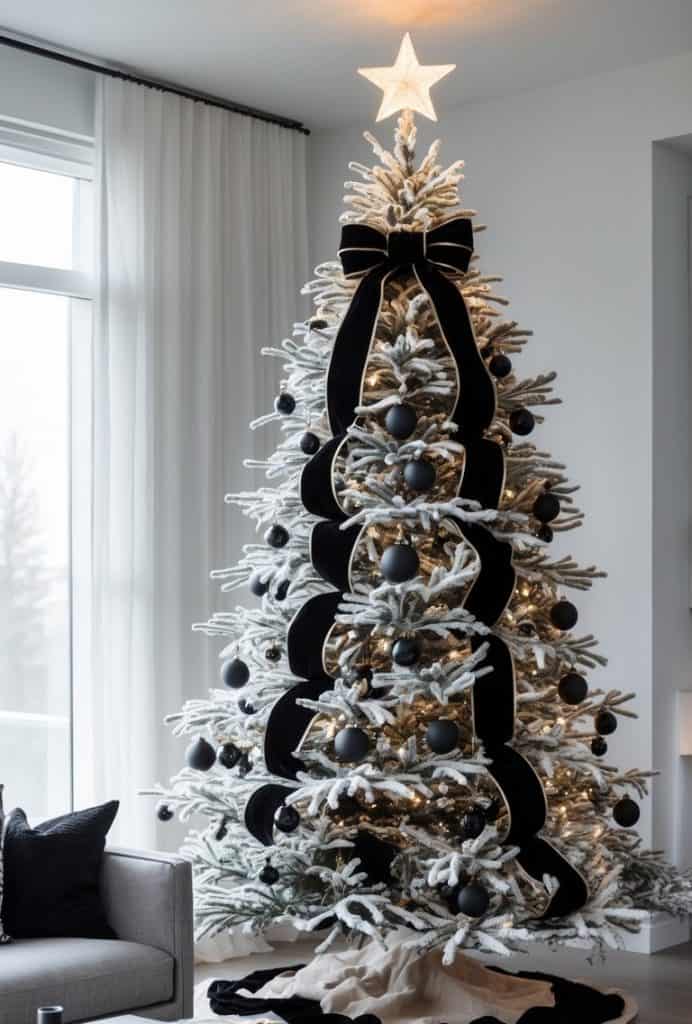 Modern Black Velvet Ribbon on a Flocked Tree Modern Black Velvet Ribbon on a Flocked Tree — Christmas Tree Ribbon