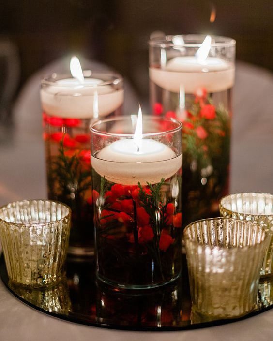 Modern Floating Candles with Berries and Greenery Modern Floating Candles with Berries and Greenery — Christmas Wedding Centerpiece