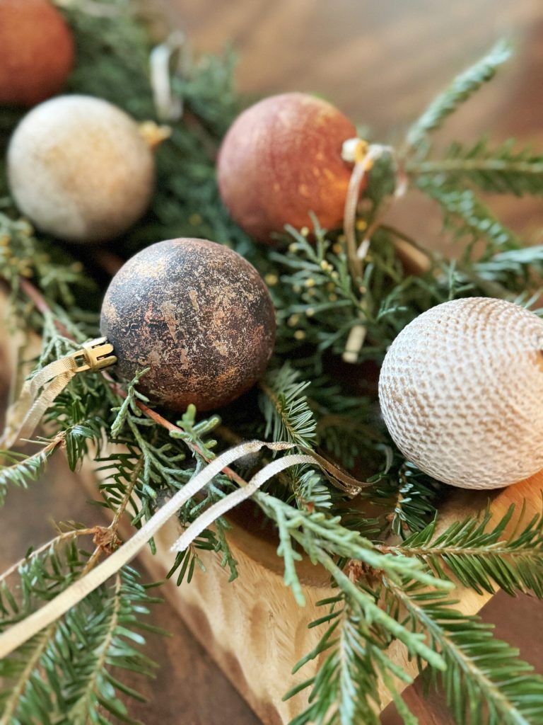 Rustic Centerpiece with Textured Vintage Ornaments — Vintage Christmas Ornaments