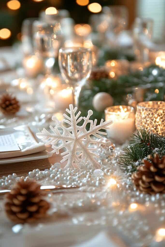 Winter Wonderland Table Decor with Glittery Snowflake Winter Wonderland Table Decor with Glittery Snowflake — Christmas Wedding Decor