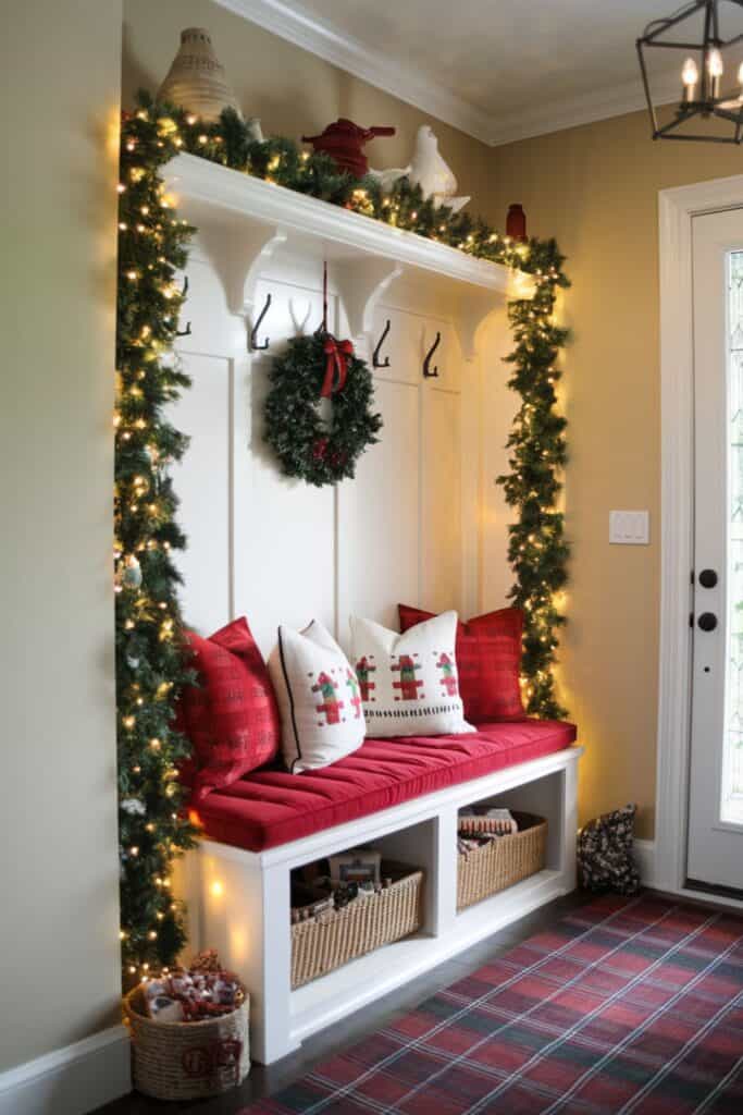 Mudroom Bench Area with Festive Pillows and Garland Lights Mudroom Bench Area with Festive Pillows and Garland Lights — Christmas Entryway Decor