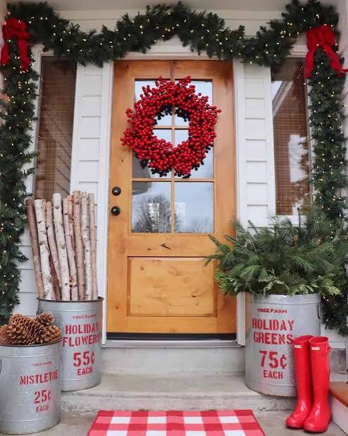 Simple Porch with Red Berry Wreath, Garland, and Playful Red Boots — Simple Christmas Outdoor Decor