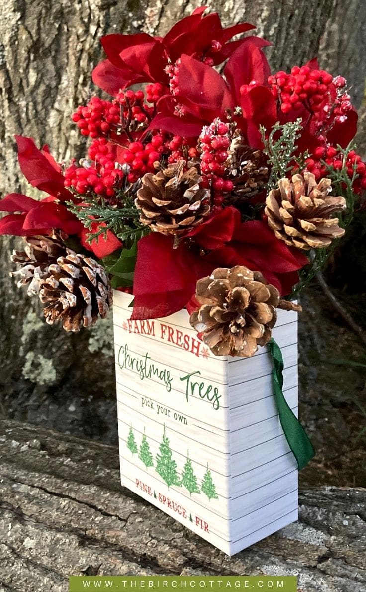 Farmhouse Christmas Tree Vase with Poinsettia Arrangement — Dollar Tree Christmas Decor