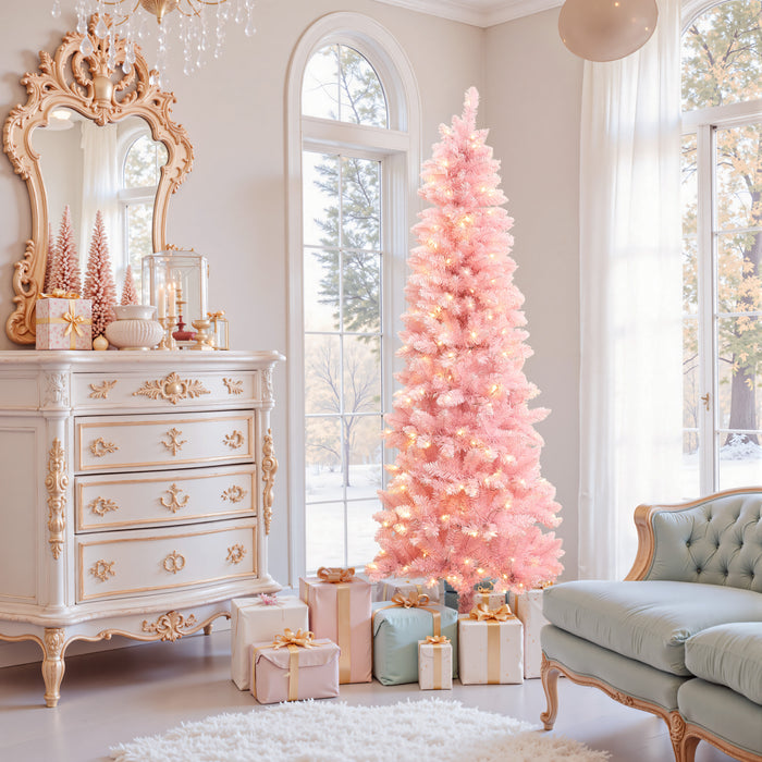 Ornate Living Room with a Tall, Slender Pink Artificial Christmas Tree Ornate Living Room with a Tall, Slender Pink Artificial Christmas Tree — Pink Christmas Decor