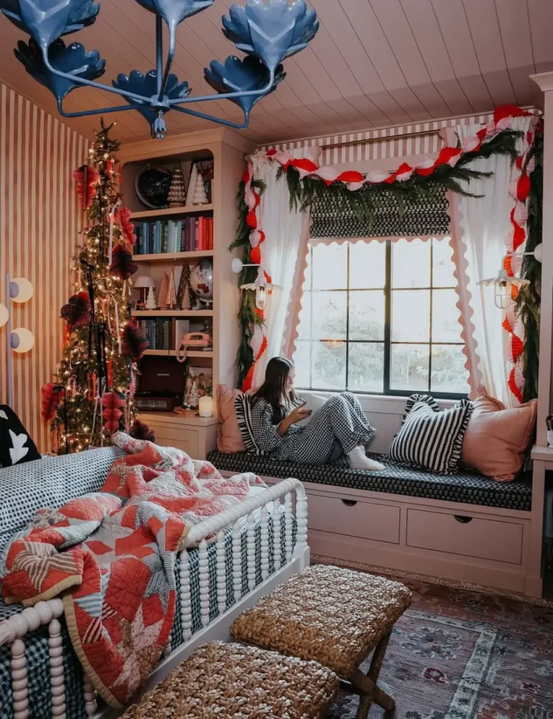 Festive Garland Draped Around a Cozy Window Seat — Kids Bedroom Christmas Decor