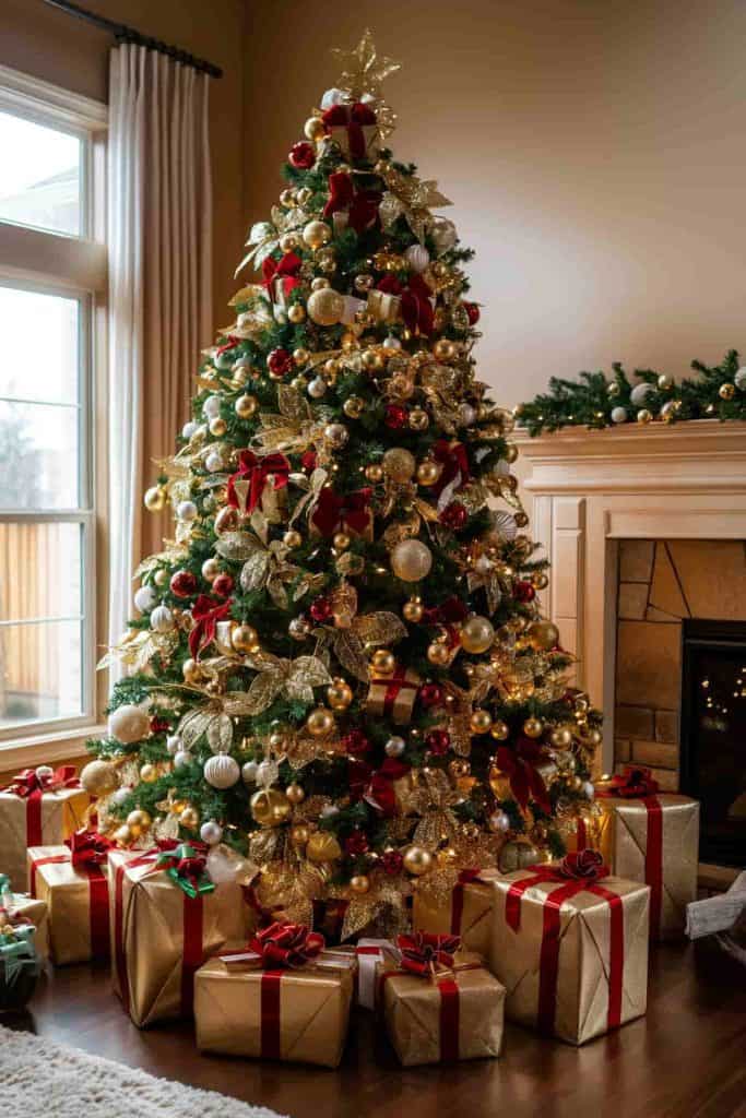 Grand Christmas Tree Centered with Gold-Wrapped Gifts — Red and Gold Christmas Tree