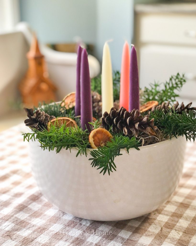 Cottage Style Advent Wreath in a White Ceramic Bowl Cottage Style Advent Wreath in a White Ceramic Bowl