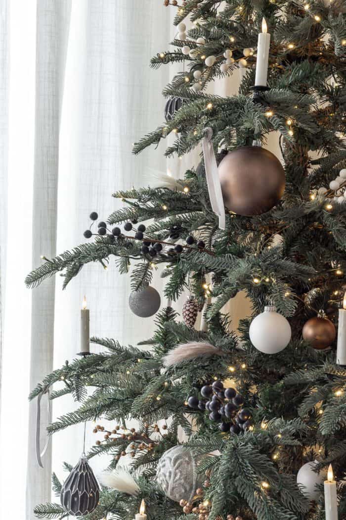 Curated Ornament Textures in White, Bronze, and Grey — Minimalist Christmas Tree