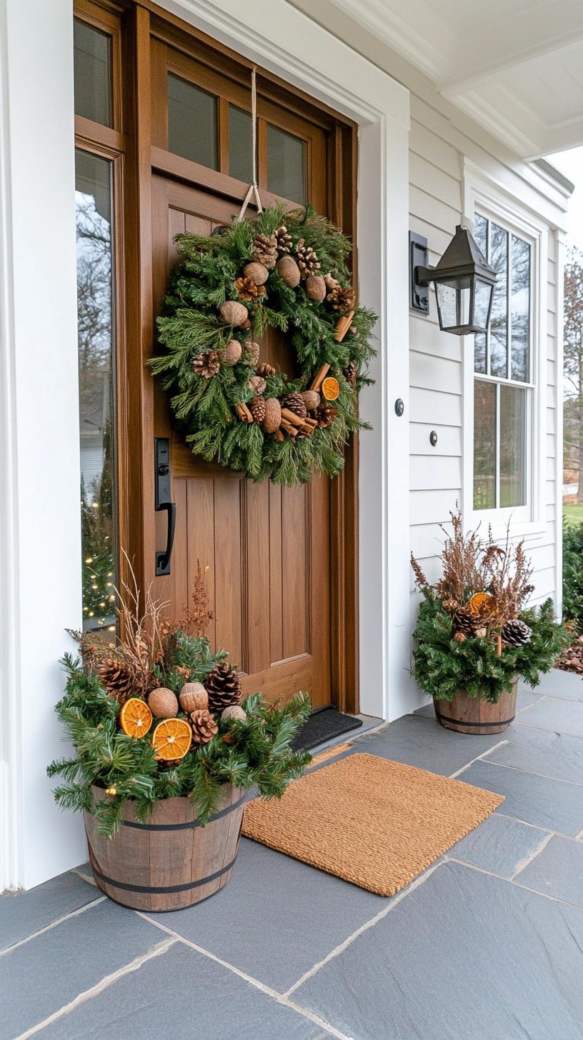 Natural Christmas Porch with Evergreen Wreath and Pinecones — Christmas Porch Decor