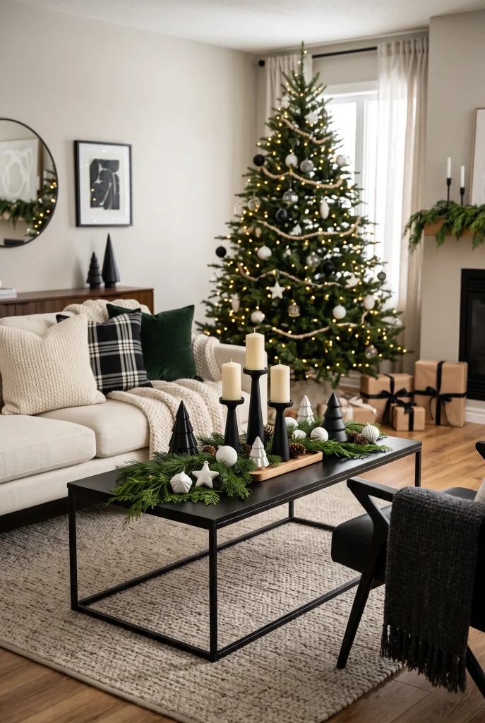 Modern Black Coffee Table with Garland and Mini Trees Modern Black Coffee Table with Garland and Mini Trees — Christmas Coffee Table Decor