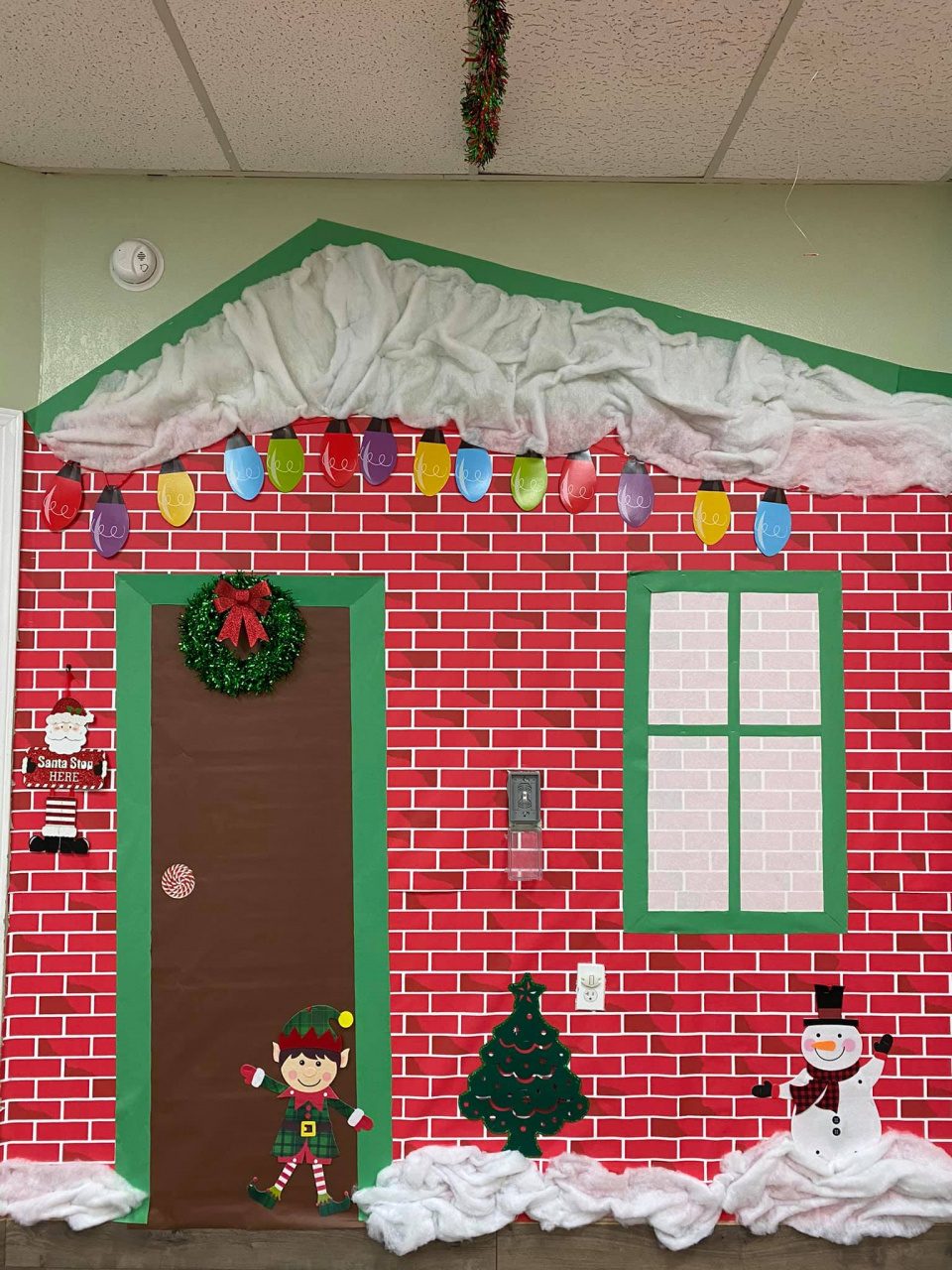Whimsical Brick House Facade Door — Christmas Classroom Decor