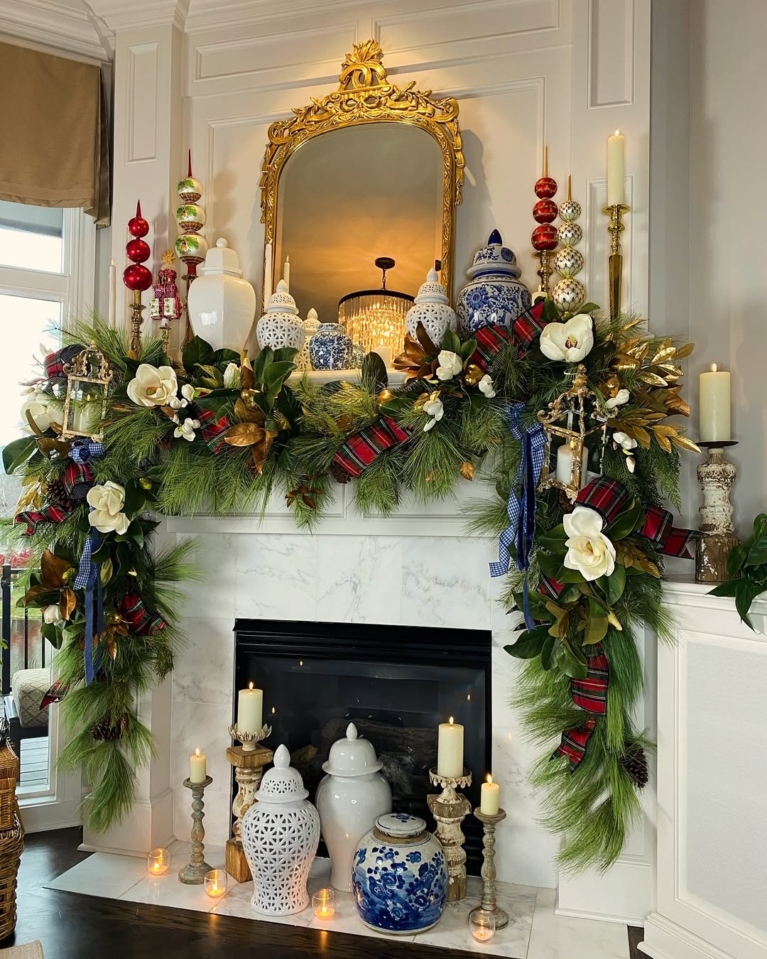 Opulent Marble Mantel with Lush Magnolia and Pine Garland — Christmas Mantel Decor
