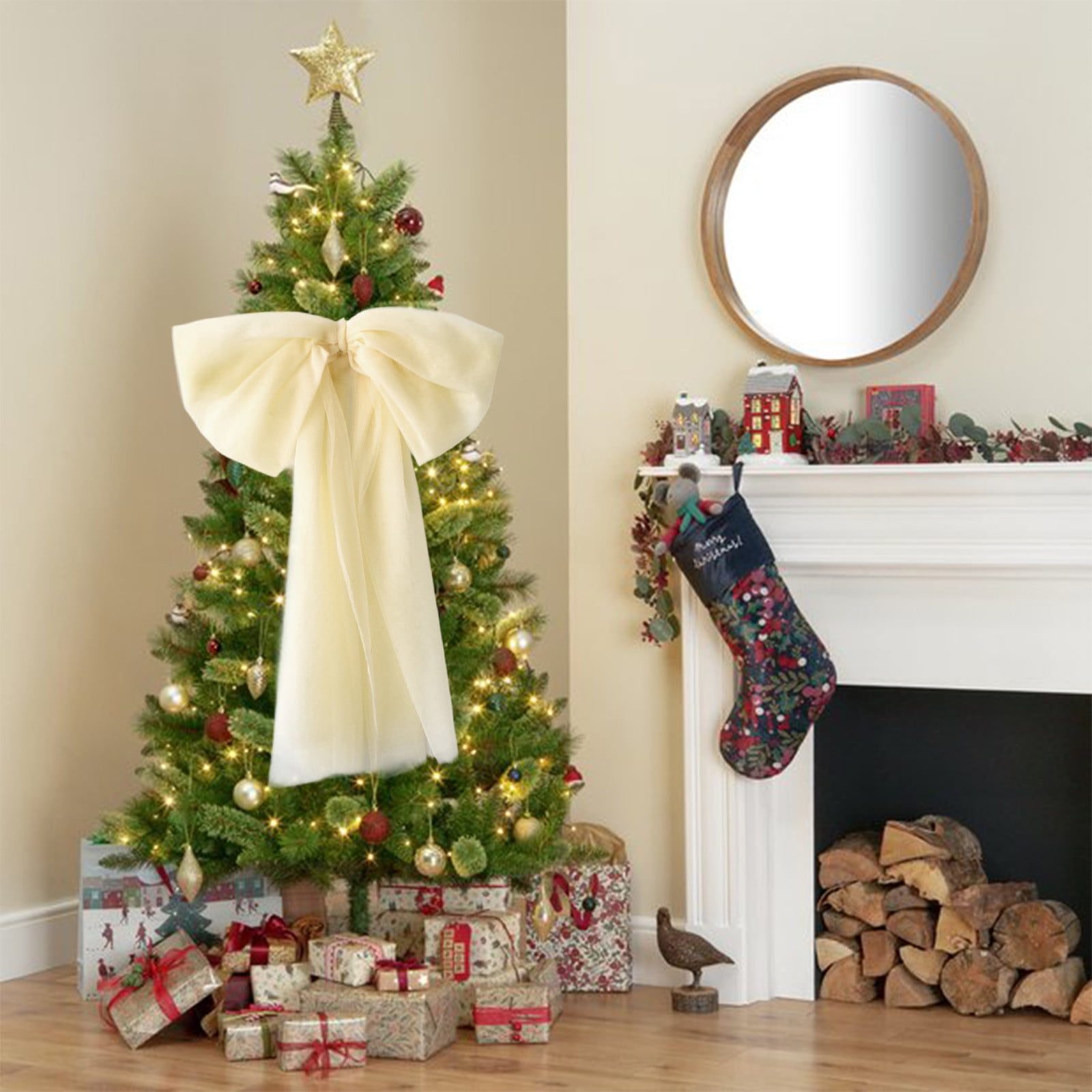 Traditional Cream Bow Topper with Fireplace Ambiance — Bow Christmas Tree Topper