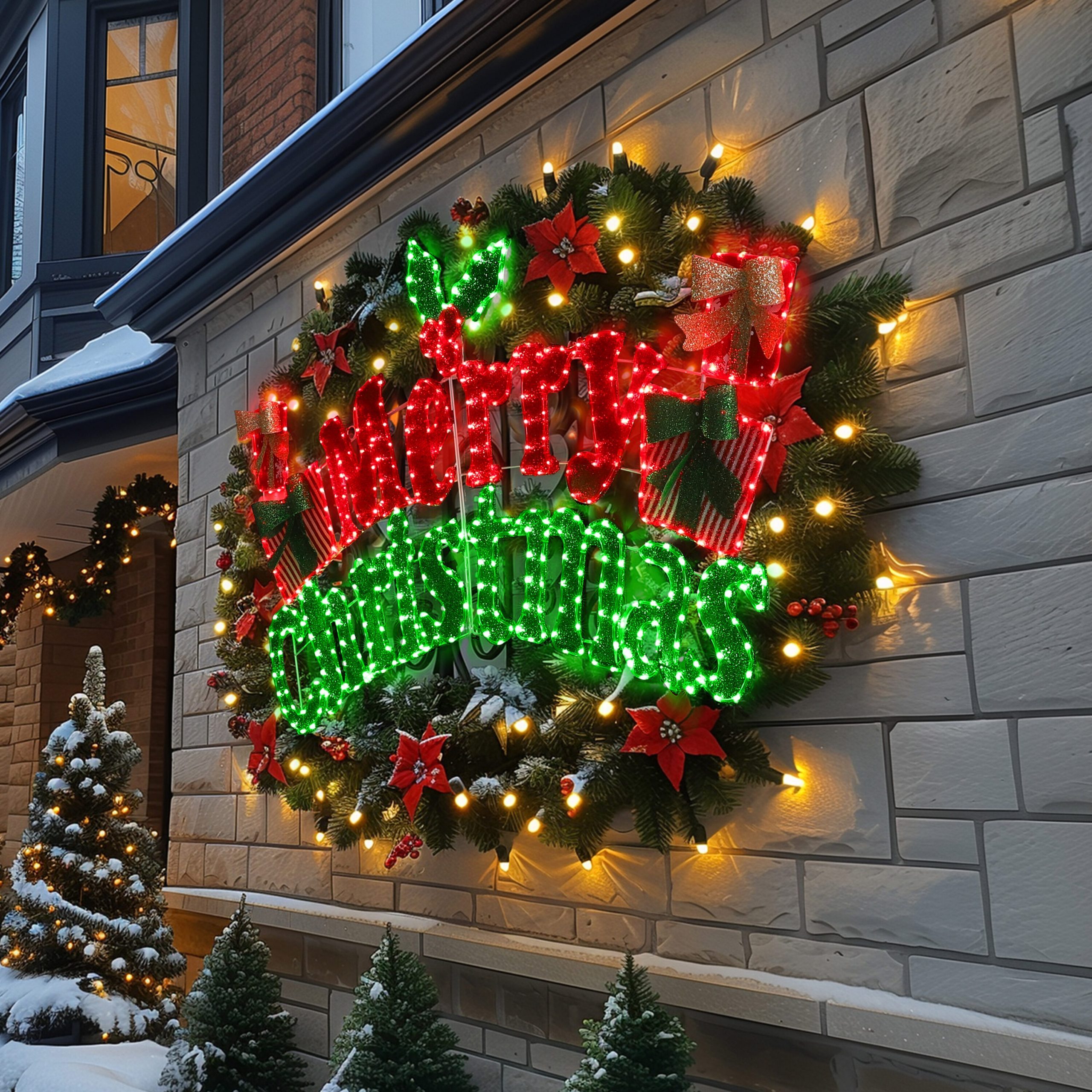 Giant Illuminated 'Merry Christmas' Wreath on Stone Facade Giant Illuminated 'Merry Christmas' Wreath on Stone Facade — Christmas Yard Decor