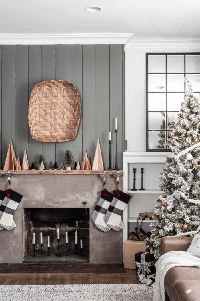 Flocked Christmas Tree and Mantel with Stockings — Rustic Christmas Decor