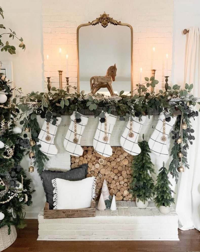 Layered Farmhouse Mantel with Plaid Stockings and Greenery Layered Farmhouse Mantel with Plaid Stockings and Greenery — Farmhouse Christmas Mantel