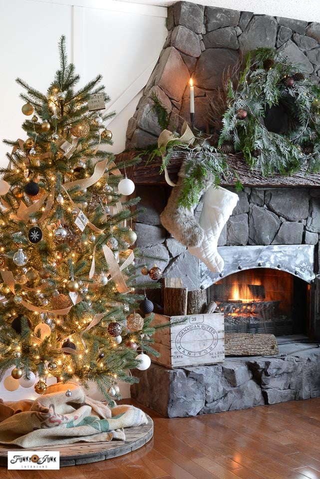 Farmhouse Christmas Tree Beside a Stone Fireplace — Rustic Christmas Tree