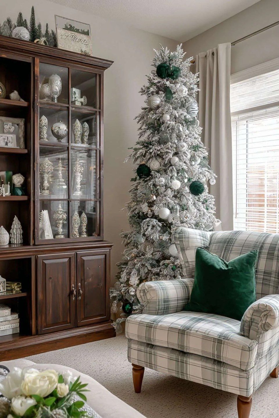 Cozy Living Room with Sage Green Plaid Armchair — Sage Green Christmas Decor