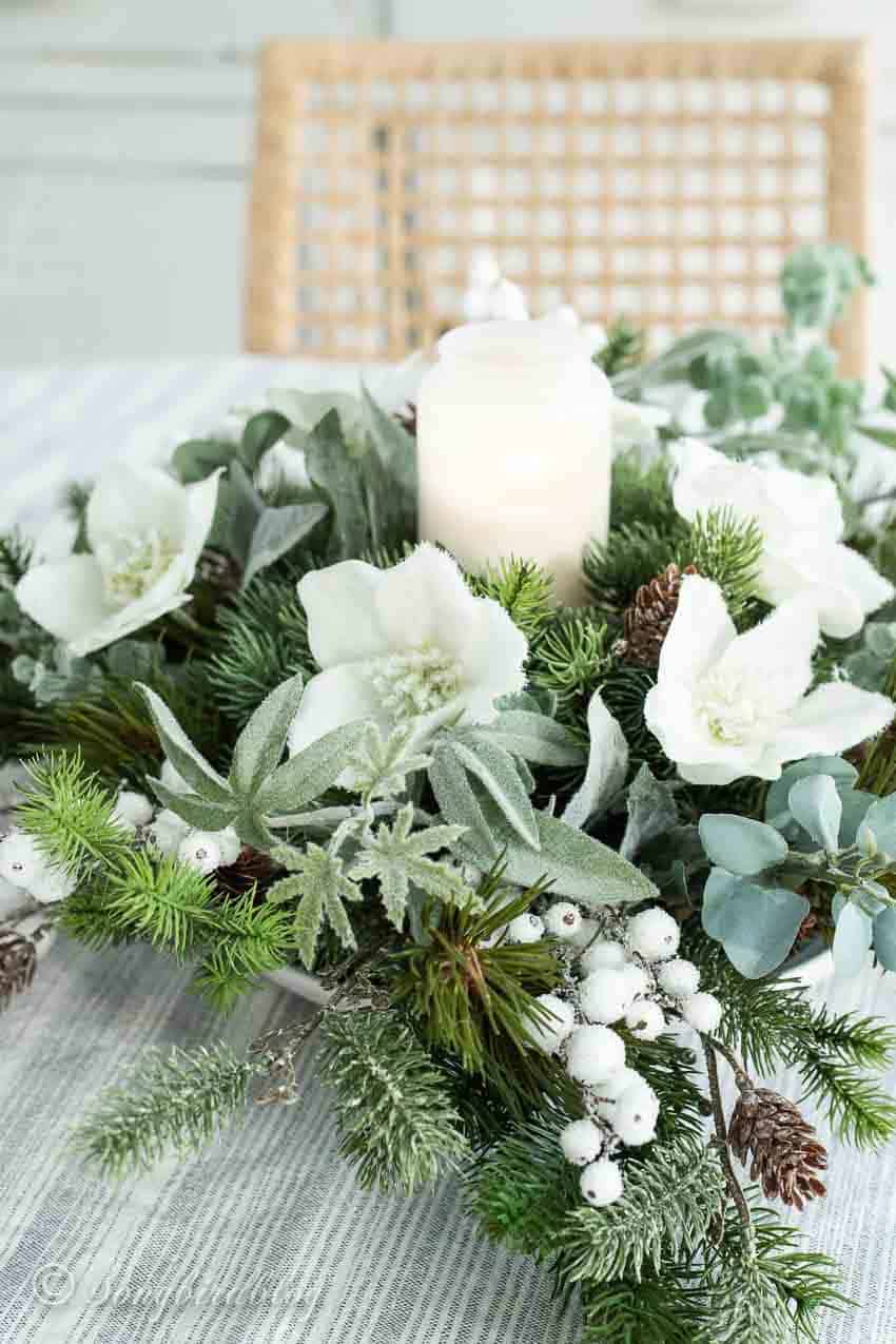 Neutral Dining Table Centerpiece with Evergreen Branches and Faux Flowers — Winter Decor After Christmas