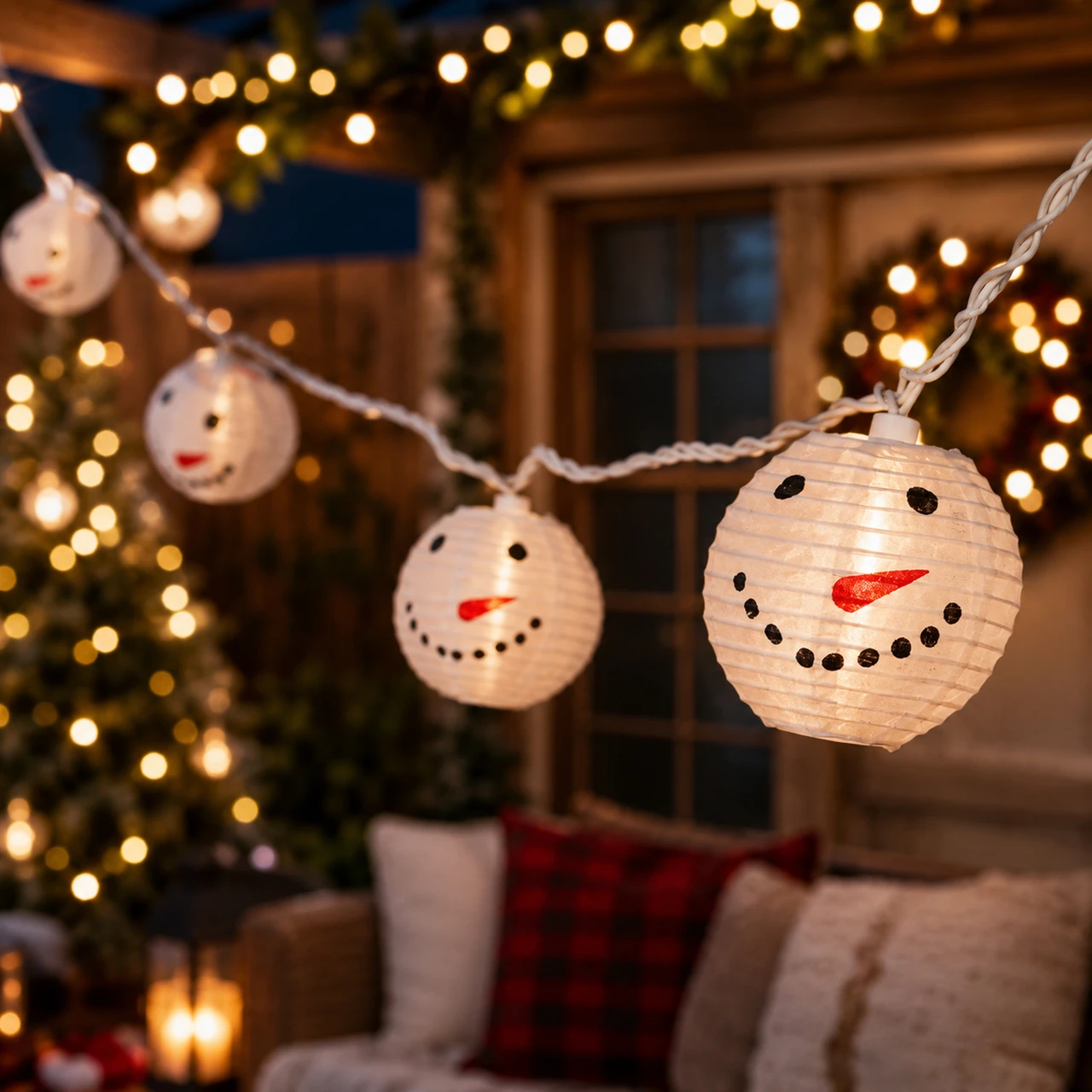 Whimsical Snowman Paper Lantern String Lights — Christmas Lantern Lights