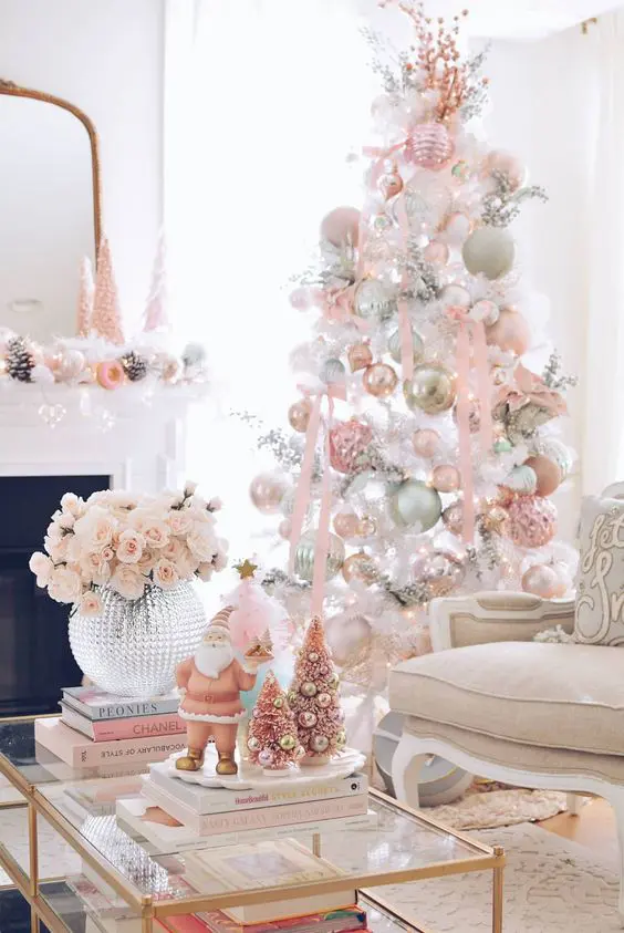 Whimsical White Tree with Soft Pastel and Rose Gold Ornaments Whimsical White Tree with Soft Pastel and Rose Gold Ornaments — Christmas Tree Themes