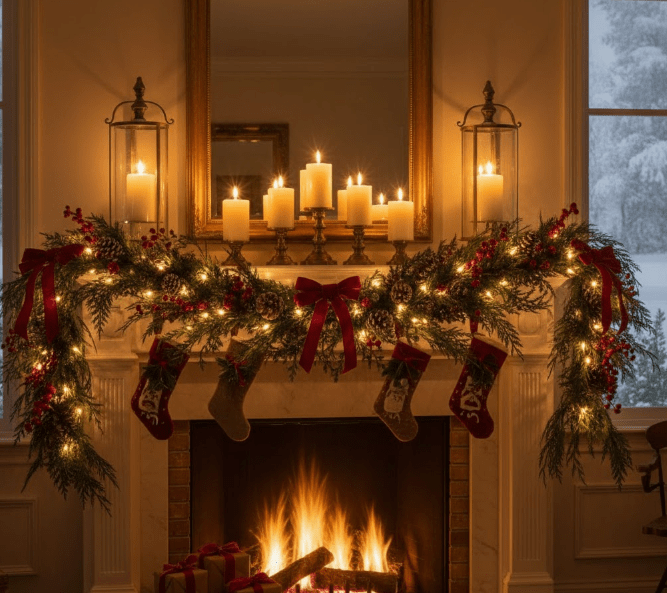 Lush Lit Garland Draped Over Fireplace Mantel Lush Lit Garland Draped Over Fireplace Mantel — Christmas Light Display Ideas