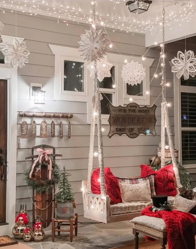 Whimsical Cottage Porch with Vintage Sled and Sign — Christmas House Exterior Decor
