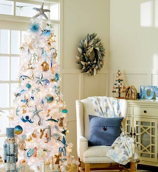 All-White Tree with Blue and Silver Coastal Ornaments — Coastal Christmas Tree