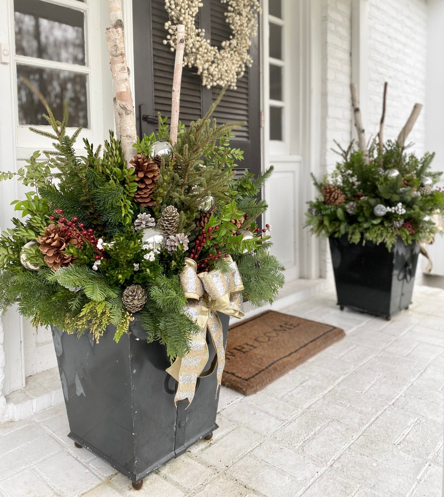 Contrasting Black and Grey Planters with Birch Logs Contrasting Black and Grey Planters with Birch Logs — Christmas Porch Planters