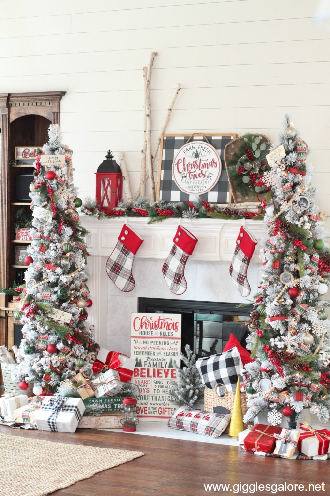 Farmhouse Fireplace with Flocked Trees and Plaid Stockings Farmhouse Fireplace with Flocked Trees and Plaid Stockings — Farmhouse Christmas Decor