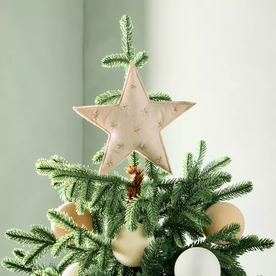 Textured Fabric Star Topper with Subtle Gold Embroidery — Christmas Tree Topper