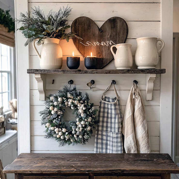 Wall Shelf with Frosted Wreath and Ceramic Pitchers — Rustic Christmas Decor