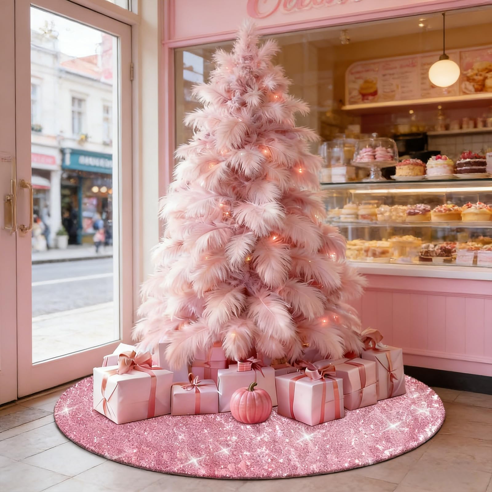Whimsical Shop Interior with a Large Pink Feather Christmas Tree and Glittery Rug Whimsical Shop Interior with a Large Pink Feather Christmas Tree and Glittery Rug — Pink Christmas Decor