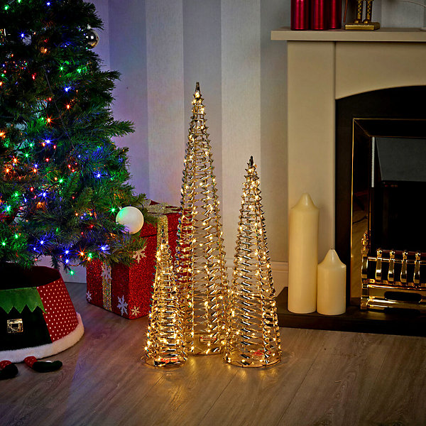 Modern Floor Display with LED Christmas Tree Cones — Christmas Fairy Lights Living Room