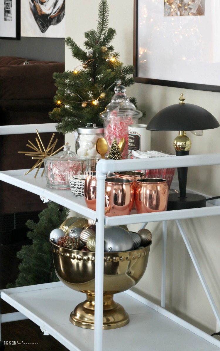 Modern Multi-Tiered White Bar Cart with Copper Accents Modern Multi-Tiered White Bar Cart with Copper Accents — Christmas Hot Cocoa Bar