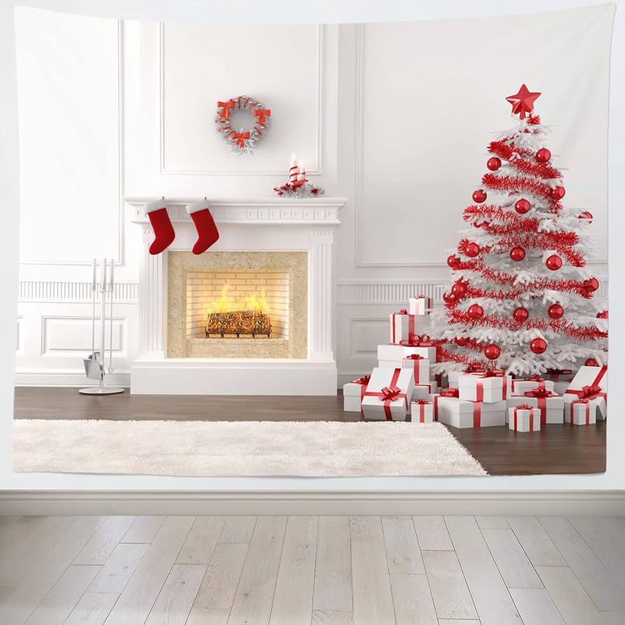 Polyester Tapestry with Snowy Scene and Decorated Tree Polyester Tapestry with Snowy Scene and Decorated Tree — Christmas Party Backdrop