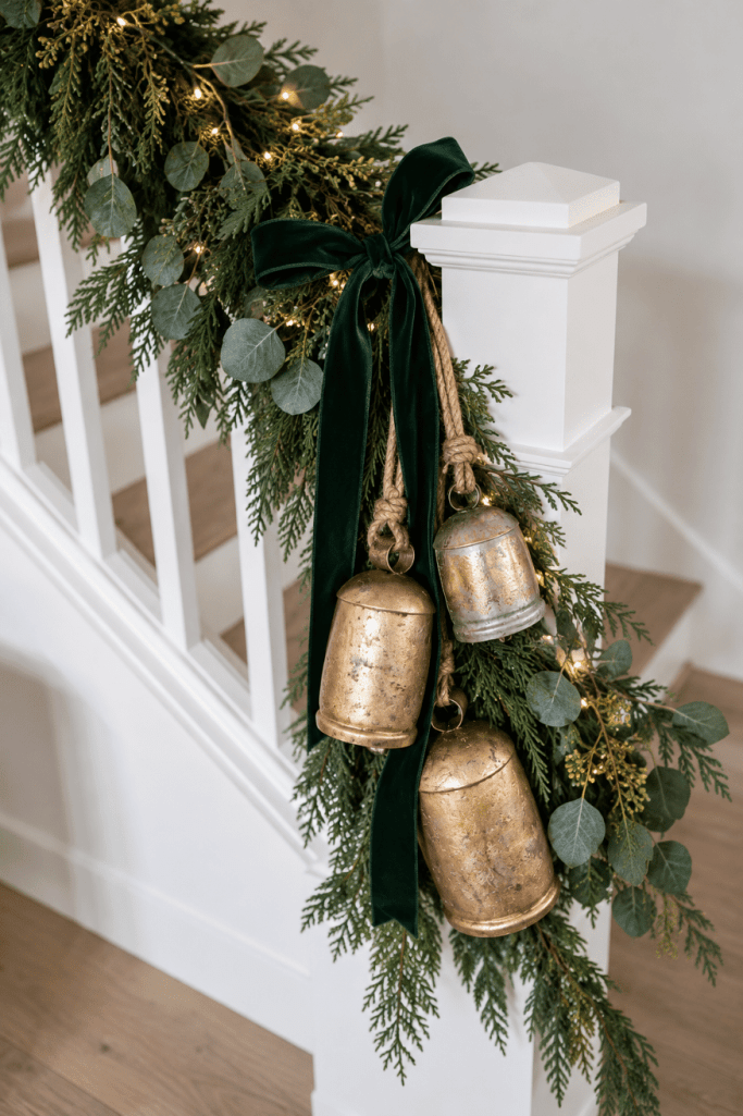 Garland with Velvet Bow and Rustic Bells Garland with Velvet Bow and Rustic Bells — Christmas Stair Garland